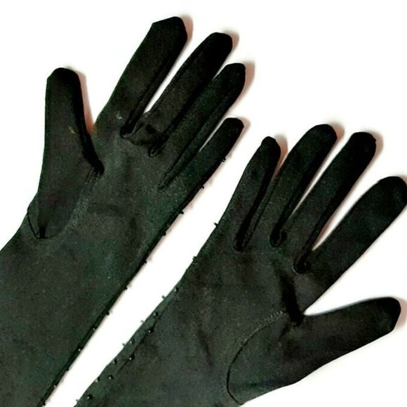 True Vintage Unworn 1950s Black Beaded Longer Length Evening Gloves One Size - Picture 5 of 7